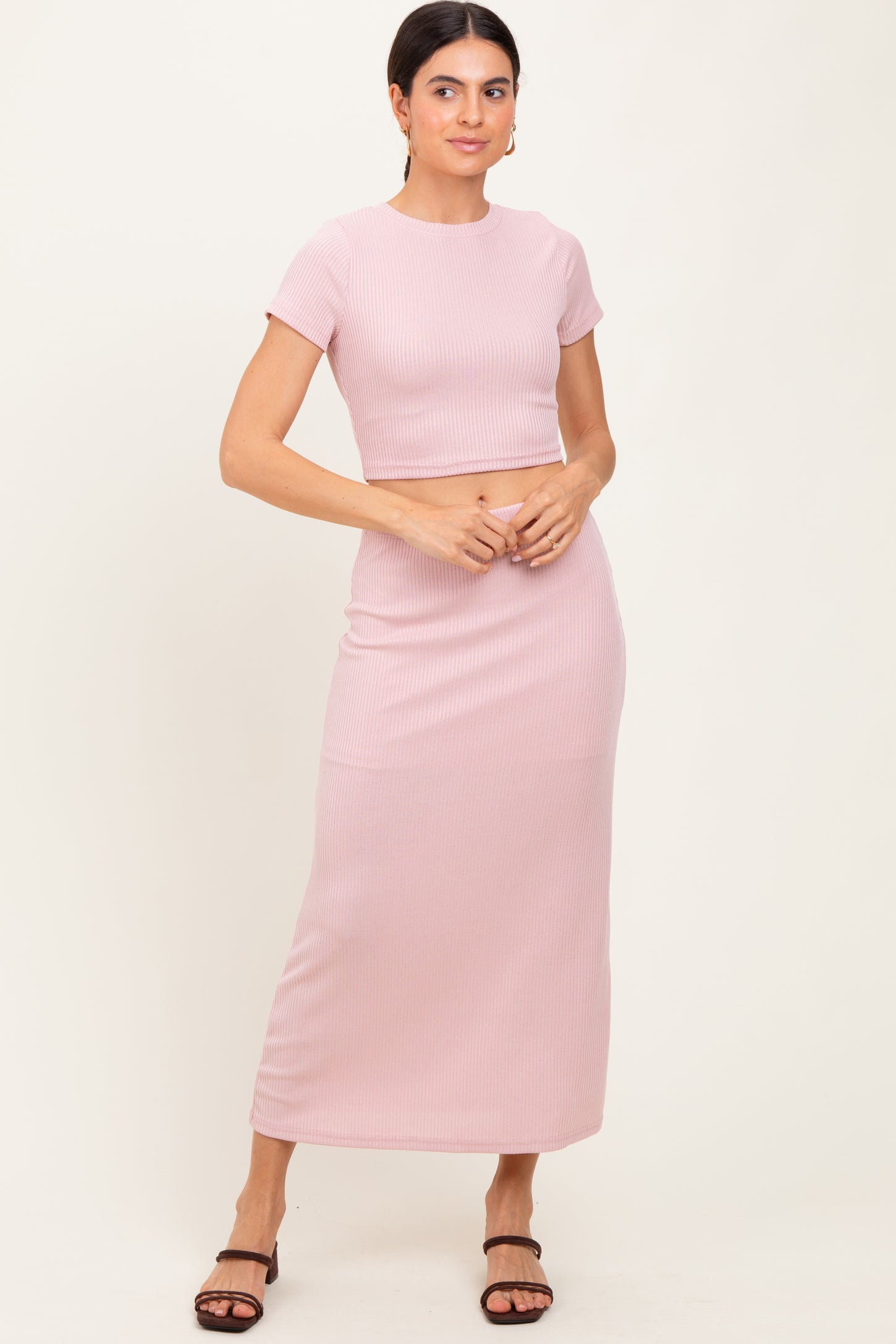 Light Pink Ribbed Knit Crop Tee Maxi Skirt Set