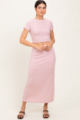 Light Pink Ribbed Knit Crop Tee Maxi Skirt Set