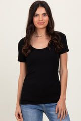 Black Ribbed Scoop Neck Short Sleeve Top