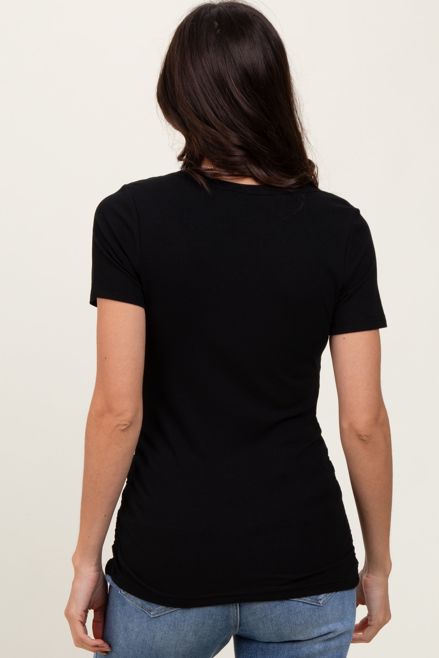 Black Ribbed Scoop Neck Short Sleeve Top