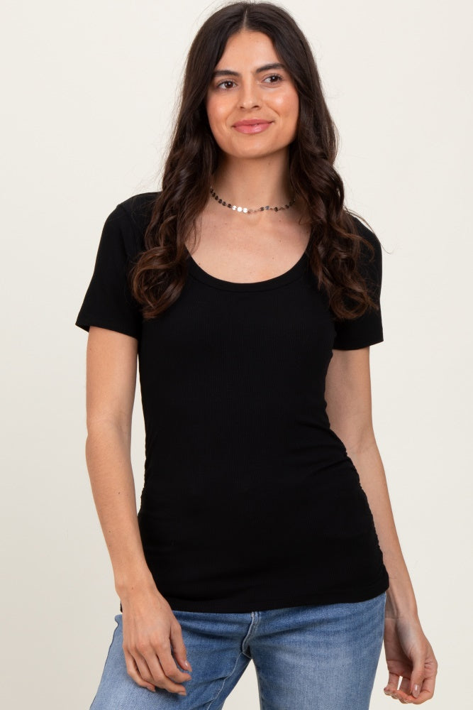 Black Ribbed Scoop Neck Short Sleeve Top