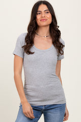 Heather Grey Ribbed Scoop Neck Short Sleeve Maternity Top
