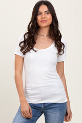 White Ribbed Scoop Neck Short Sleeve Top