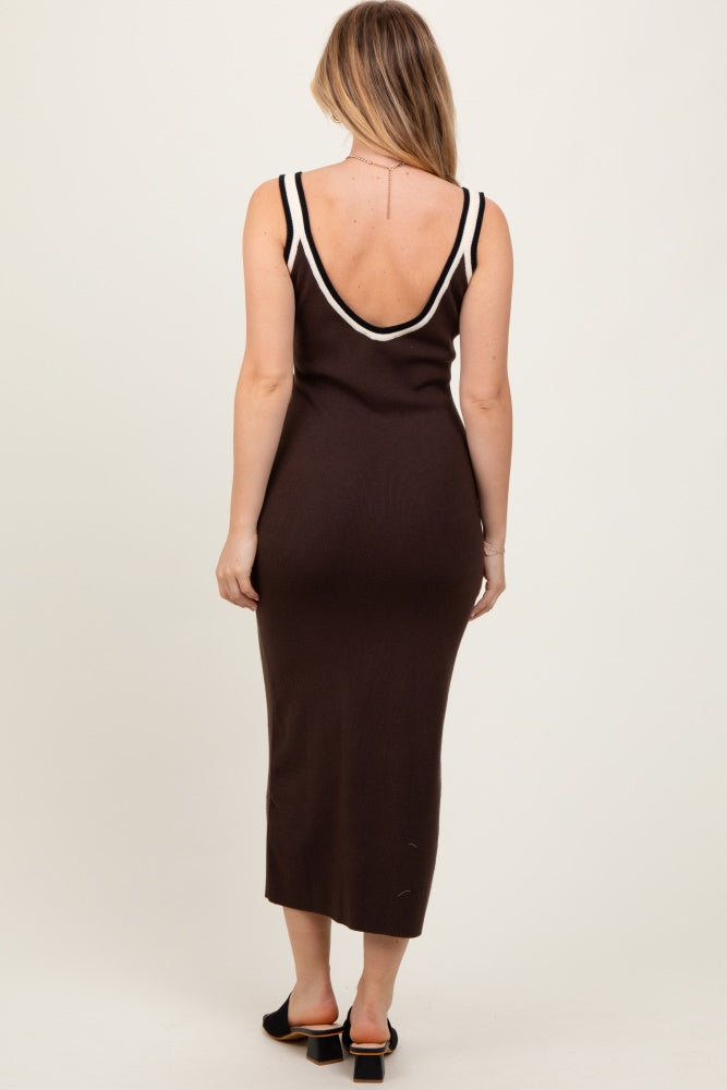 Brown Knit Key Hole Detail Low Back Midi Dress
