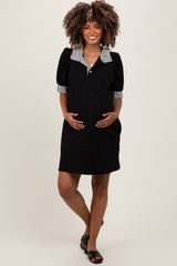 Black Mock Neck Contrast Striped Trim Maternity Mini Dress