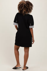 Black Mock Neck Contrast Striped Trim Maternity Mini Dress
