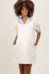 Cream Mock Neck Contrast Striped Trim Maternity Mini Dress