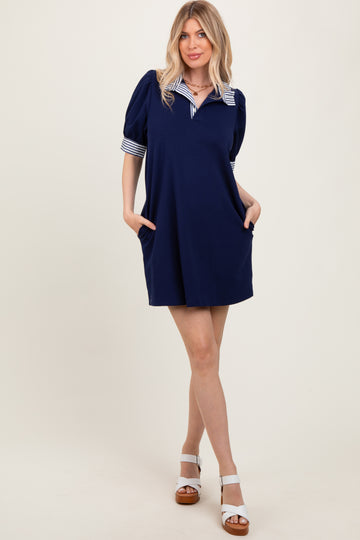 Navy Mock Neck Contrast Striped Trim Mini Dress