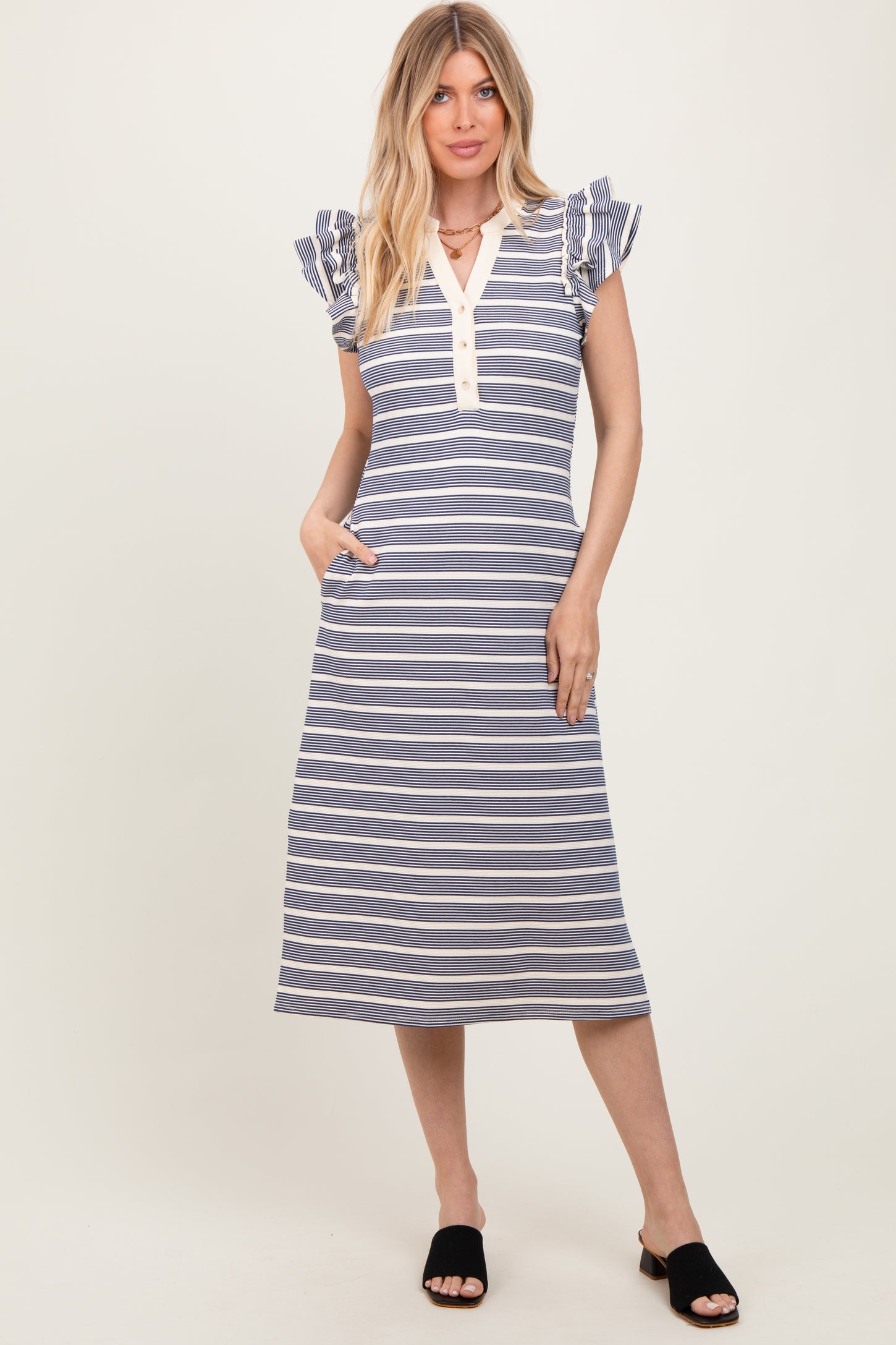 Navy Multi-Striped Button Up Ruffle Sleeve Maternity Midi Dress