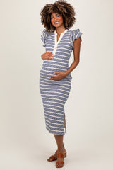 Navy Multi-Striped Button Up Ruffle Sleeve Maternity Midi Dress