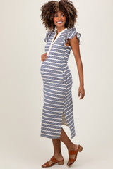 Navy Multi-Striped Button Up Ruffle Sleeve Maternity Midi Dress