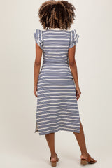 Navy Multi-Striped Button Up Ruffle Sleeve Maternity Midi Dress