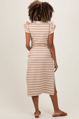Camel Multi-Striped Button Up Ruffle Sleeve Maternity Midi Dress
