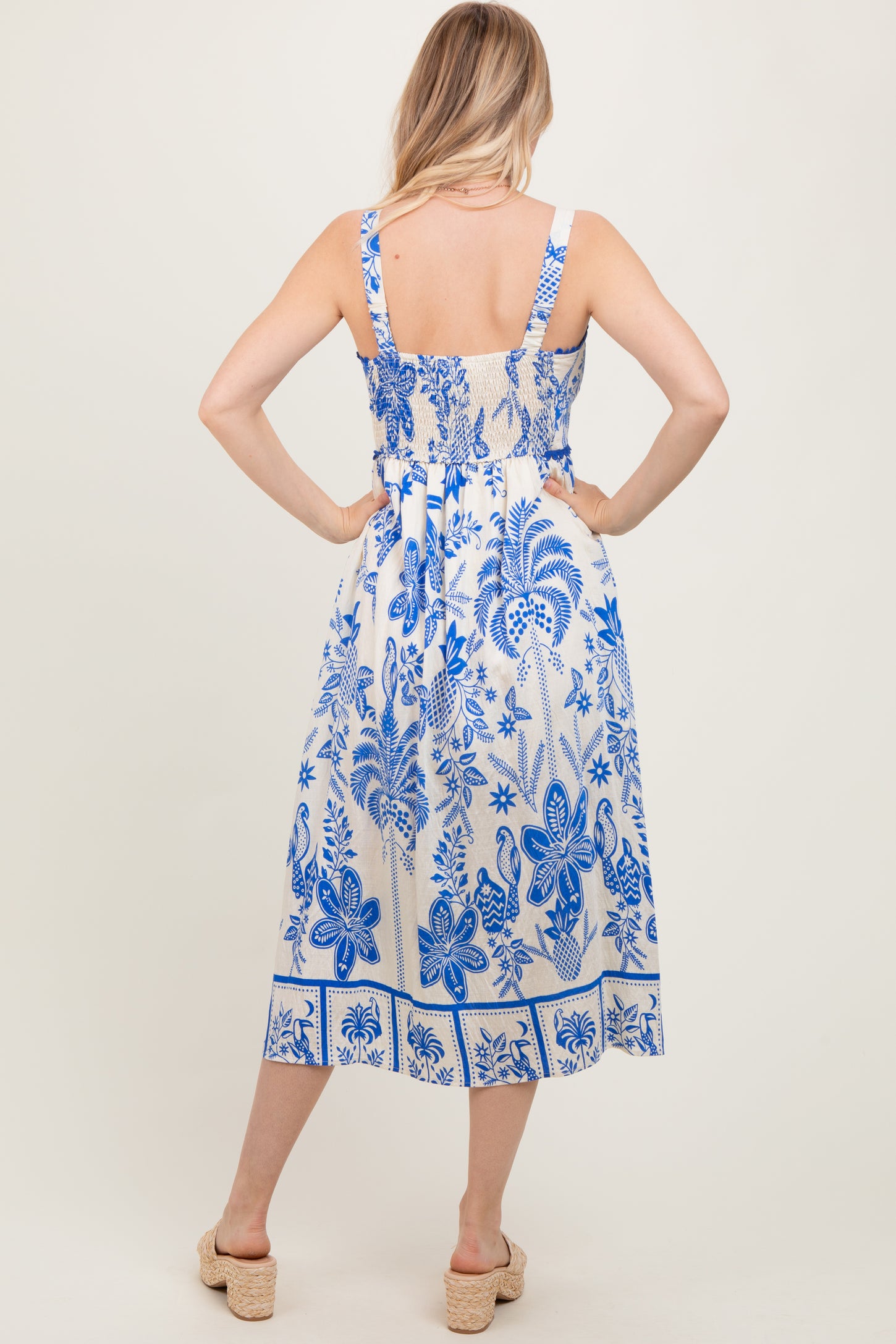 royal blue floral midi dress Royal Blue Floral Smocked Tiered Midi Dress