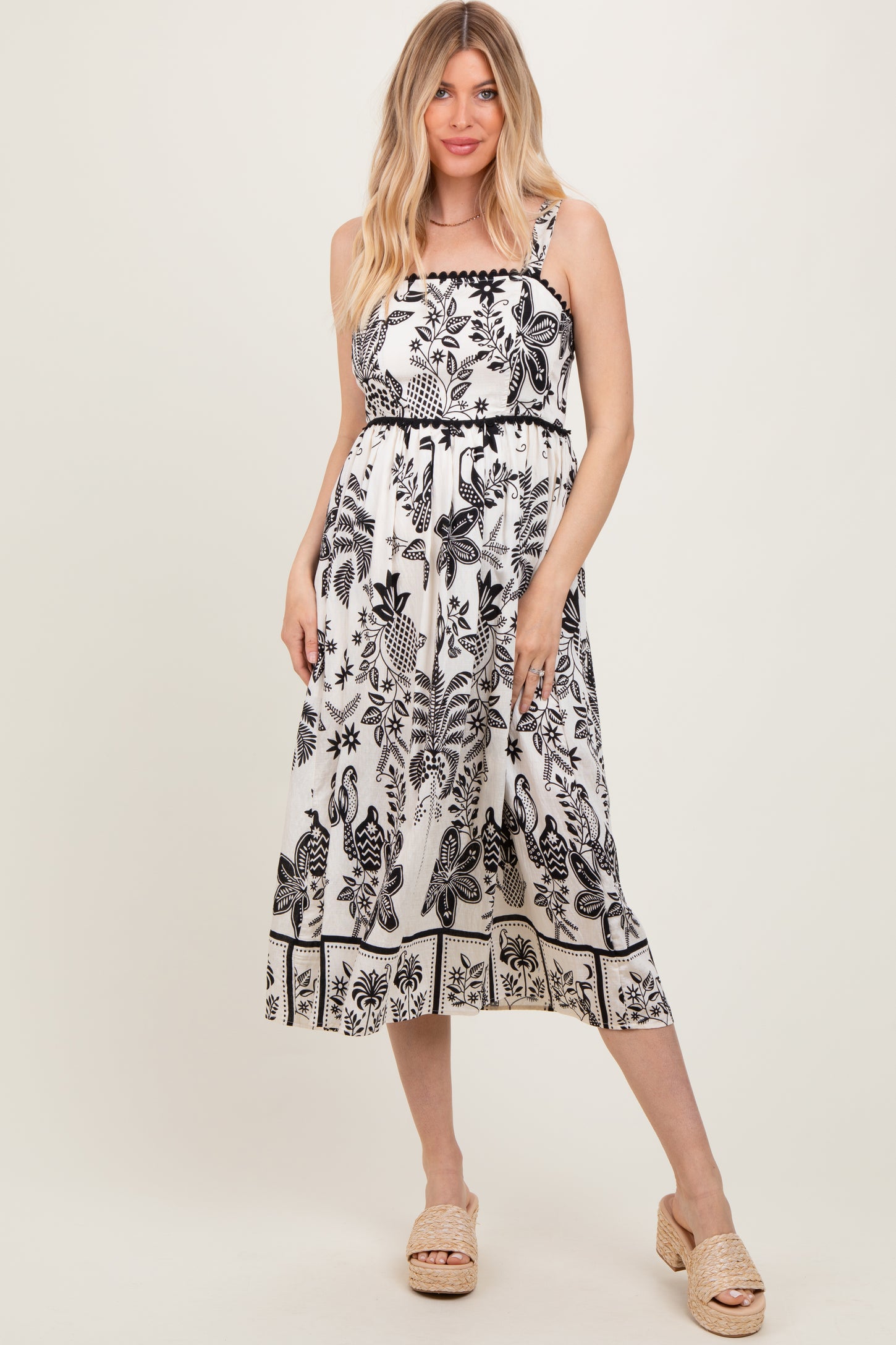 Black Floral Scallop Trim Maternity Midi Dress