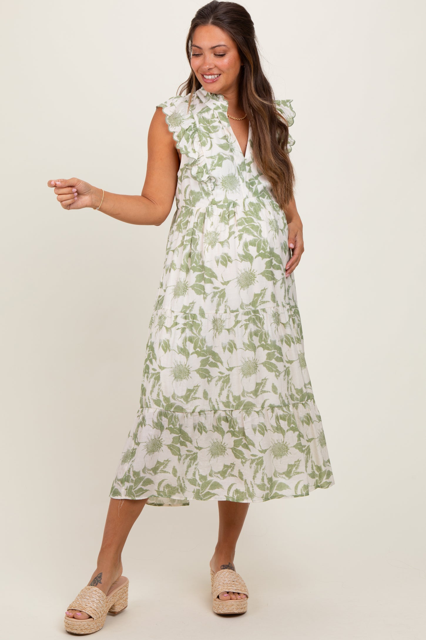 Light Olive Floral Scallop Hem Tiered Maternity Midi Dress
