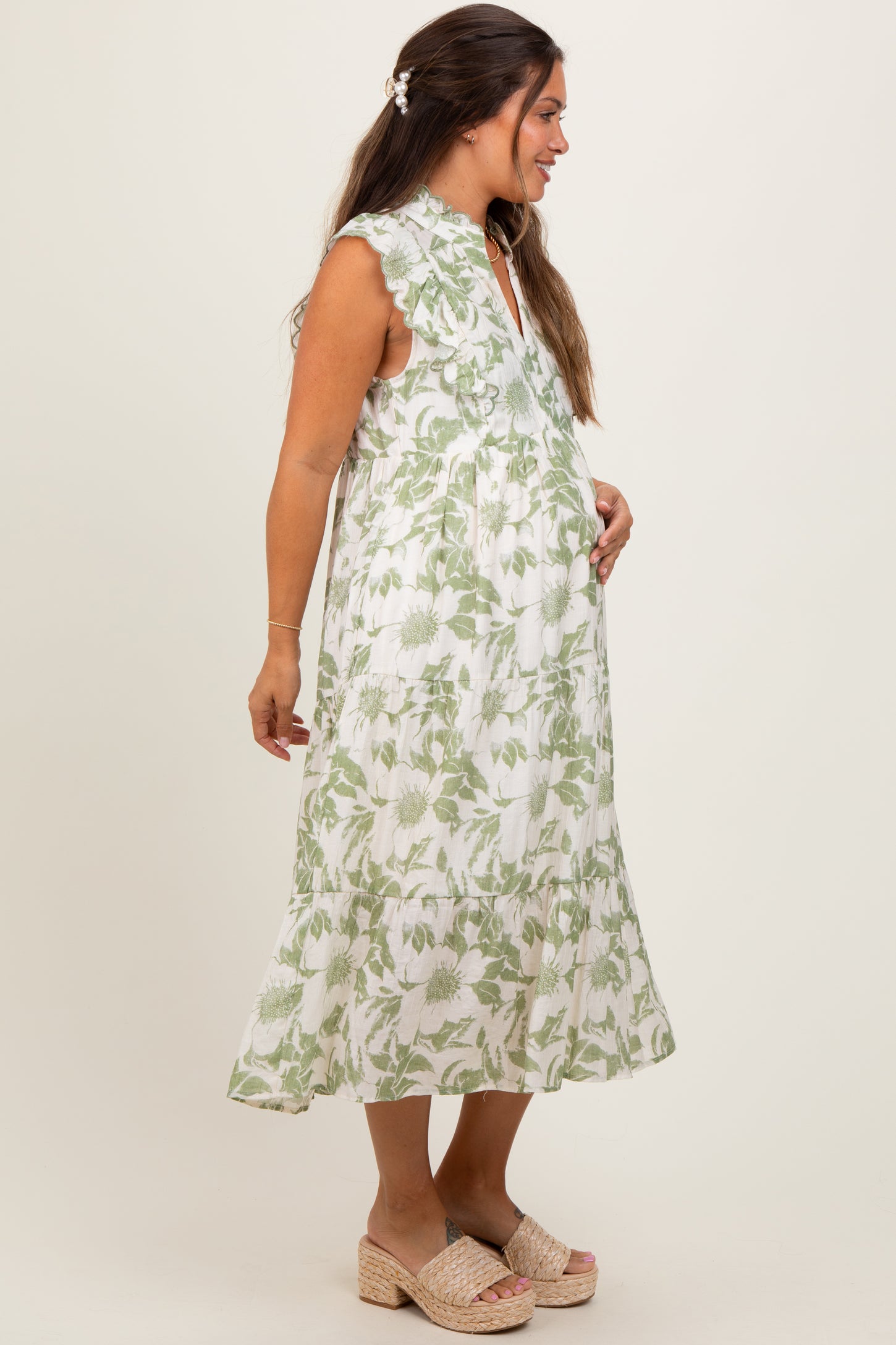 Light Olive Floral Scallop Hem Tiered Maternity Midi Dress
