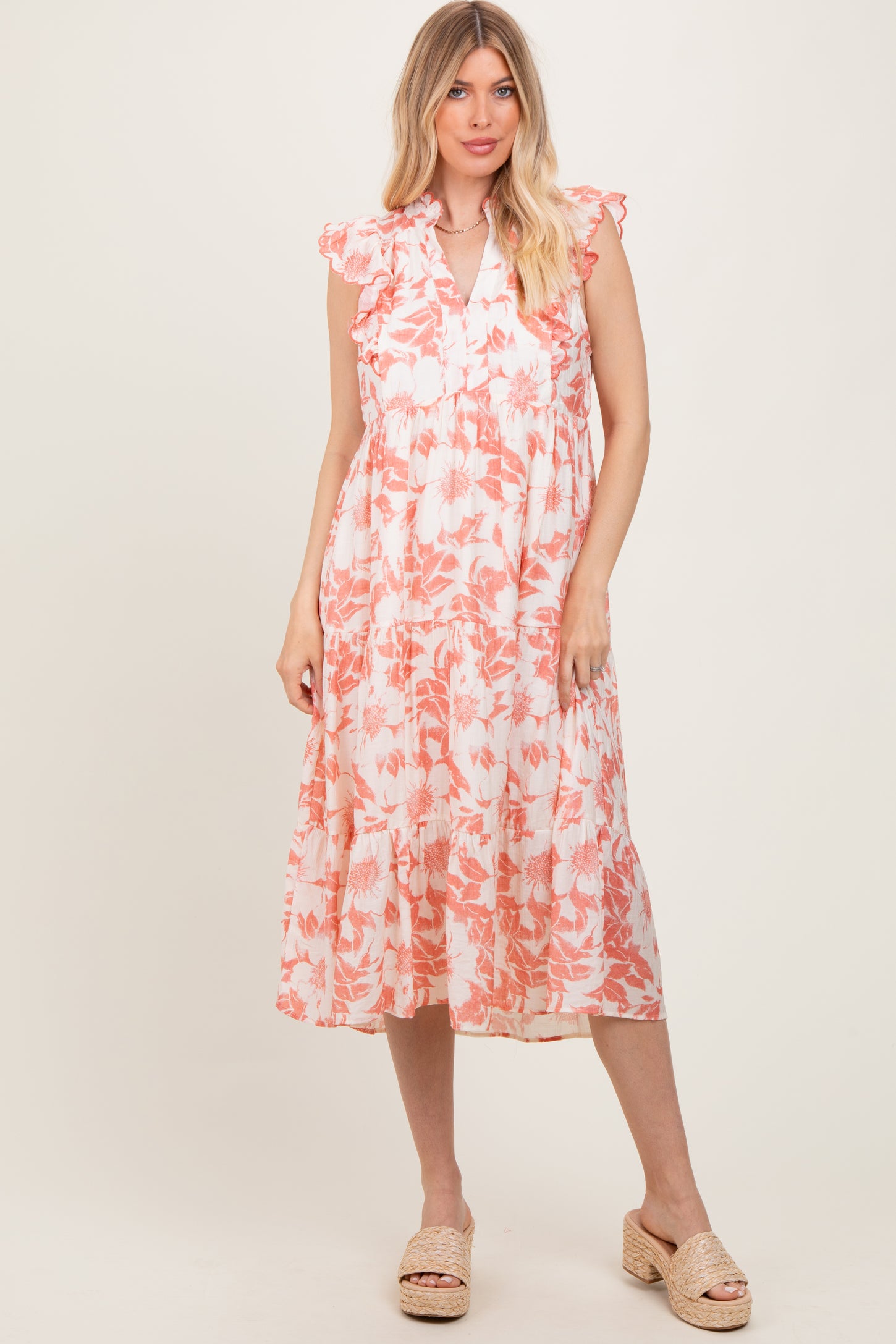 Rust Floral Scallop Hem Tiered Maternity Midi Dress