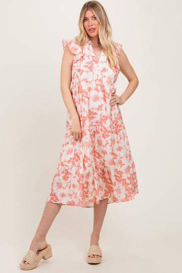 Rust Floral Scallop Hem Tiered Midi Dress