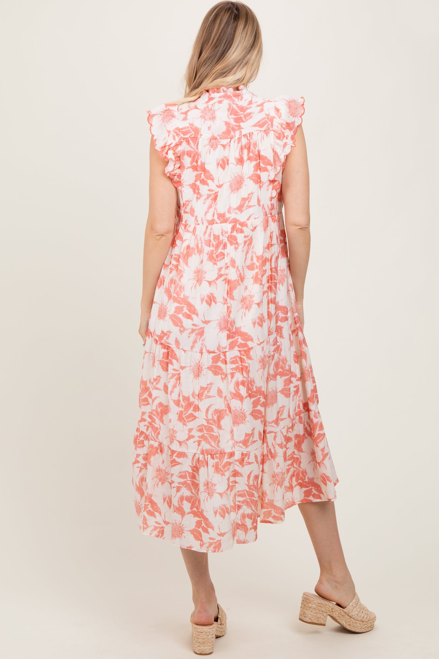 Rust Floral Scallop Hem Tiered Midi Dress