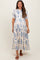 woman wearing a white and blue floral print maternity dress with tiered skirt and short sleeves