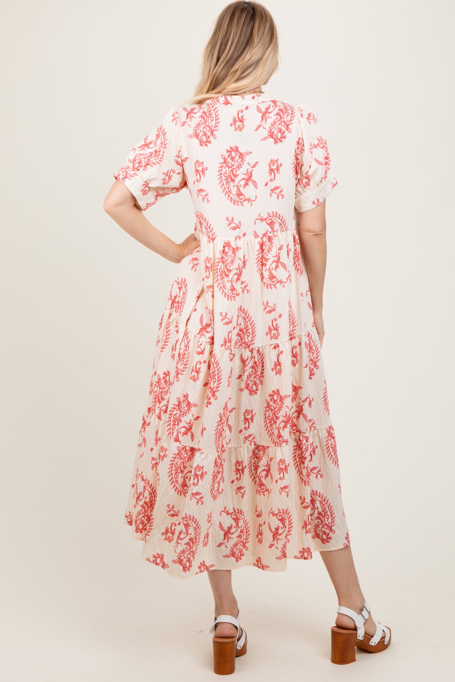 Red Paisley Button Up Tiered Maxi Dress