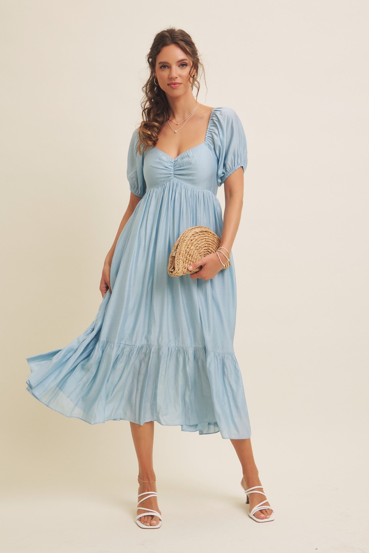 Light Blue Ruched Sweetheart Neck Tiered Midi Dress