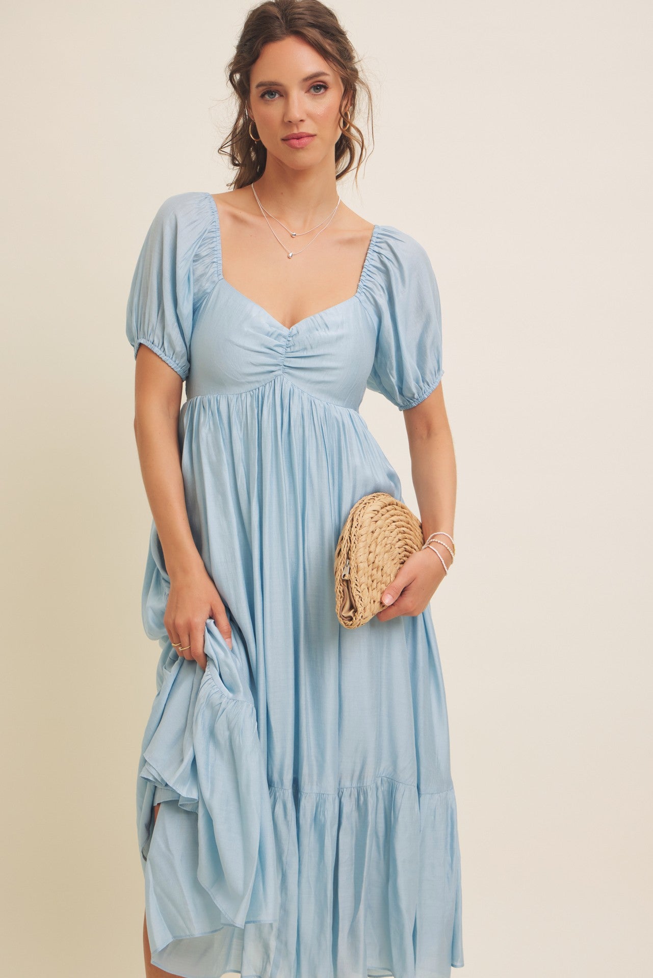 Light Blue Ruched Sweetheart Neck Tiered Midi Dress