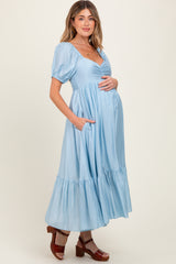 Light Blue Ruched Sweetheart Neck Tiered Maternity Midi Dress