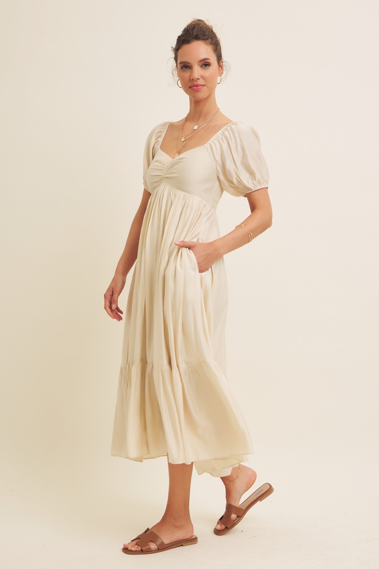 Cream Ruched Sweetheart Neck Tiered Midi Dress – PinkBlush