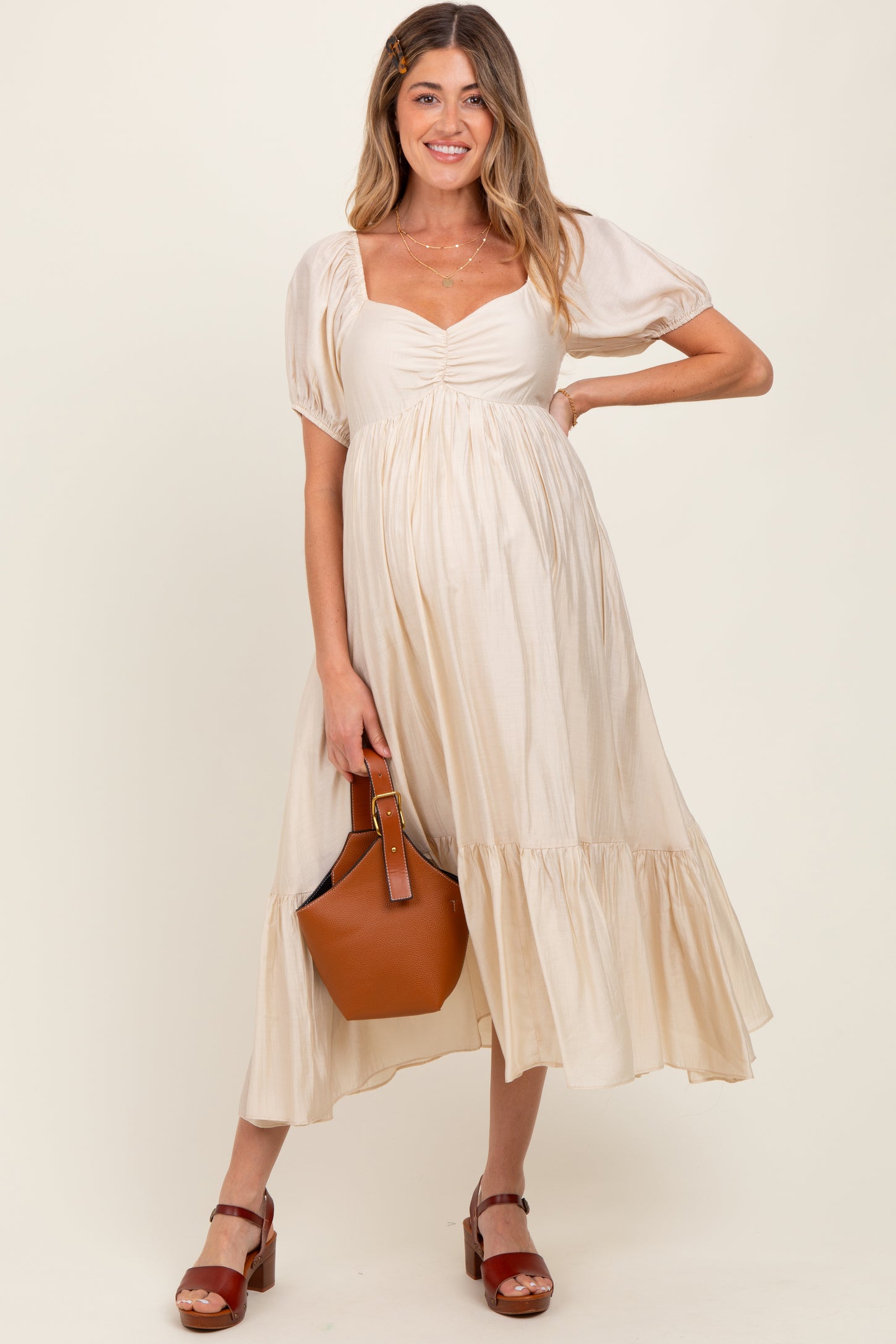 Cream Ruched Sweetheart Neck Tiered Maternity Midi Dress PinkBlush Cream Ruched Sweetheart Neck Tiered Maternity Midi Dress PinkBlush