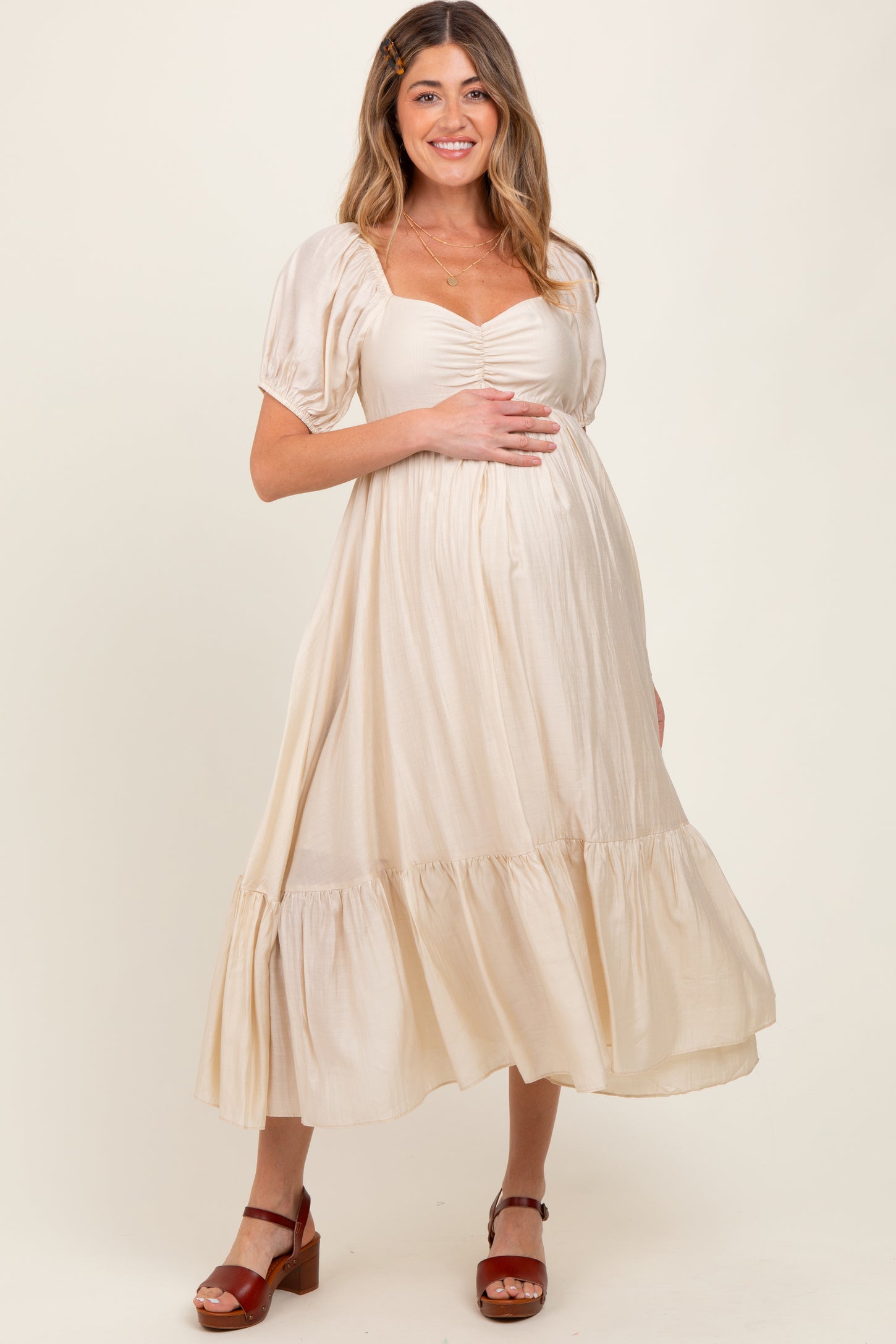 Cream Ruched Sweetheart Neck Tiered Maternity Midi Dress