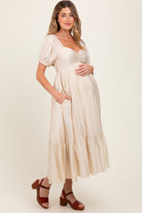 Cream Ruched Sweetheart Neck Tiered Maternity Midi Dress
