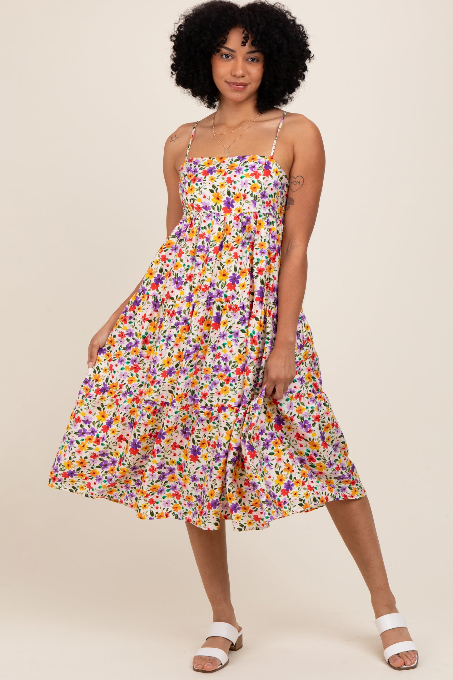 knee length dresses for ladies Ivory Floral Cami Strap Midi Dress