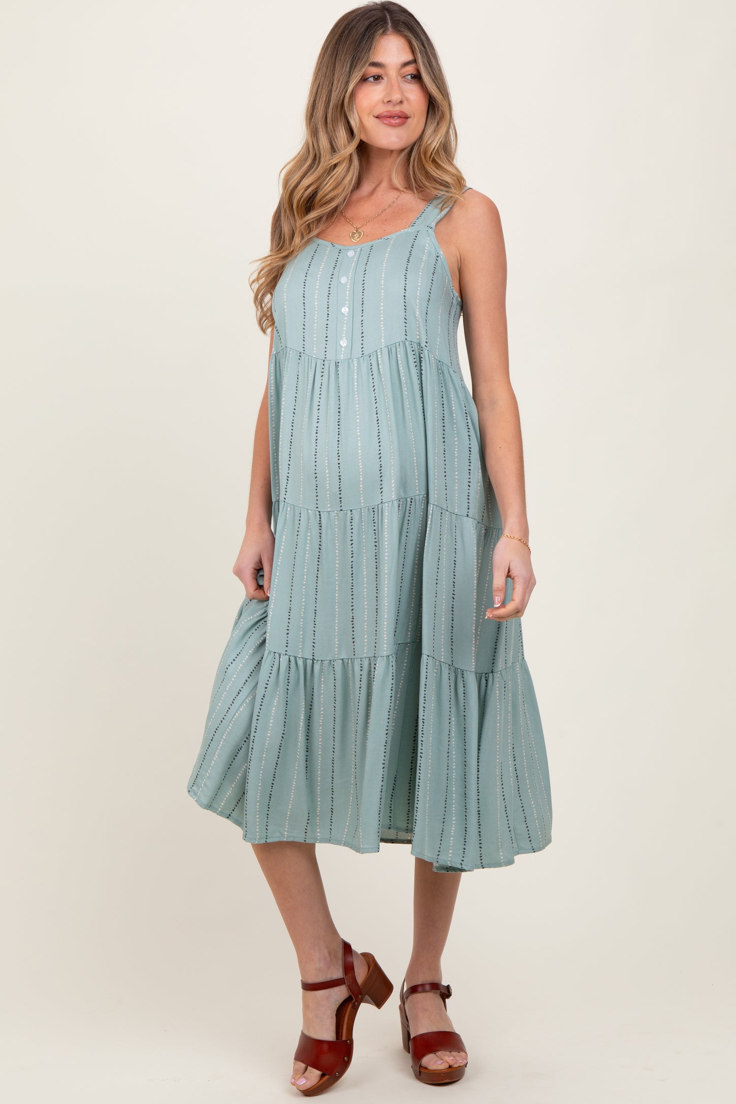 Light Olive Dot Stripe Tiered Maternity Midi Dress