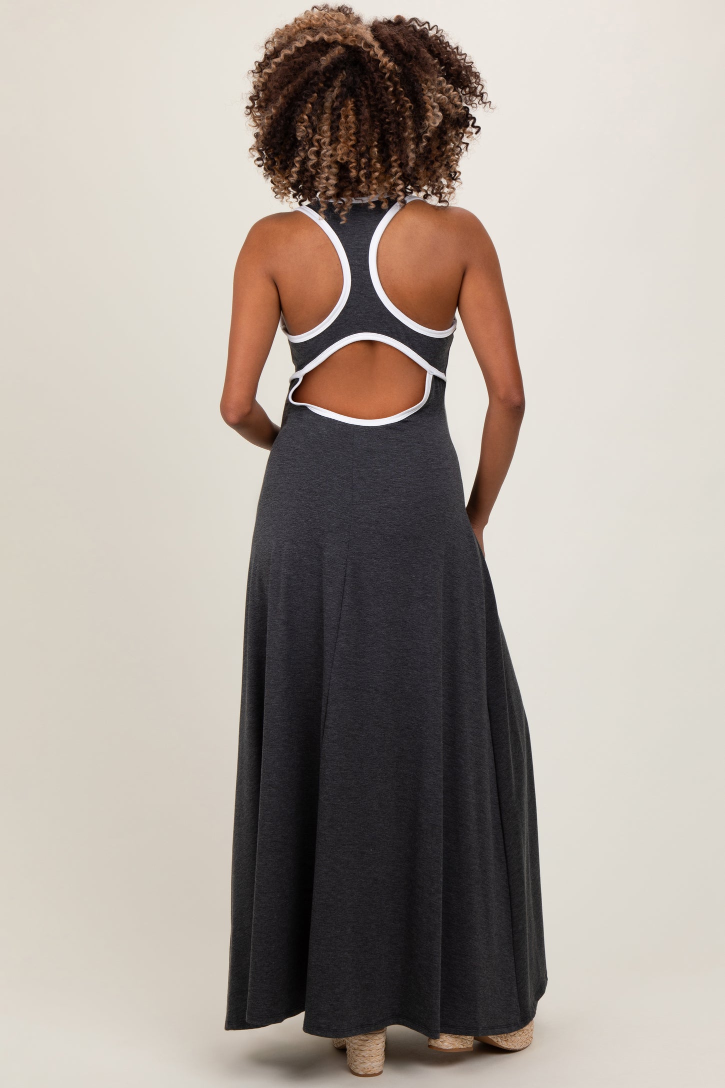Charcoal Solid Open Back Sleeveless Maternity Maxi Dress