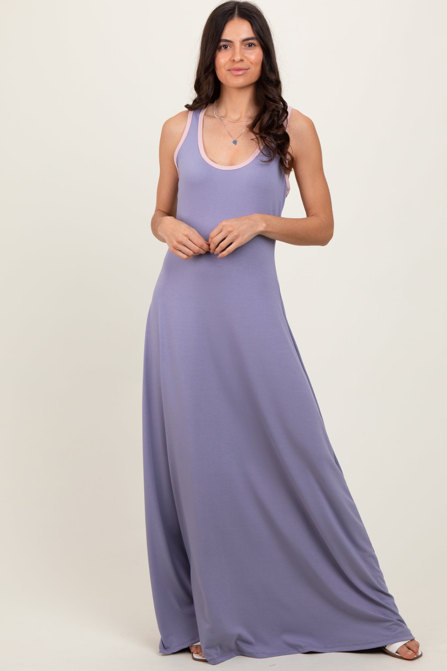 Lavender Solid Open Back Sleeveless Maternity Maxi Dress