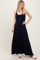 Navy Solid Open Back Sleeveless Maxi Dress