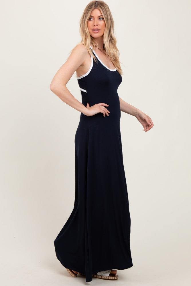 Navy Solid Open Back Sleeveless Maxi Dress