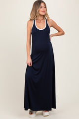 Navy Solid Open Back Sleeveless Maternity Maxi Dress