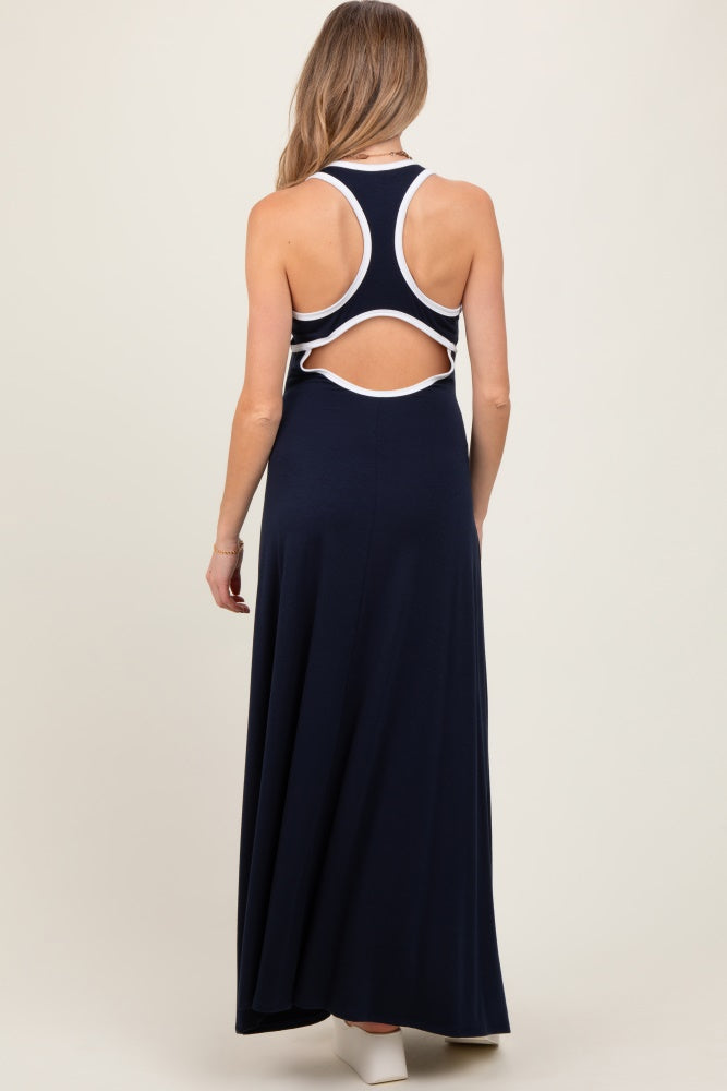 Navy Solid Open Back Sleeveless Maternity Maxi Dress