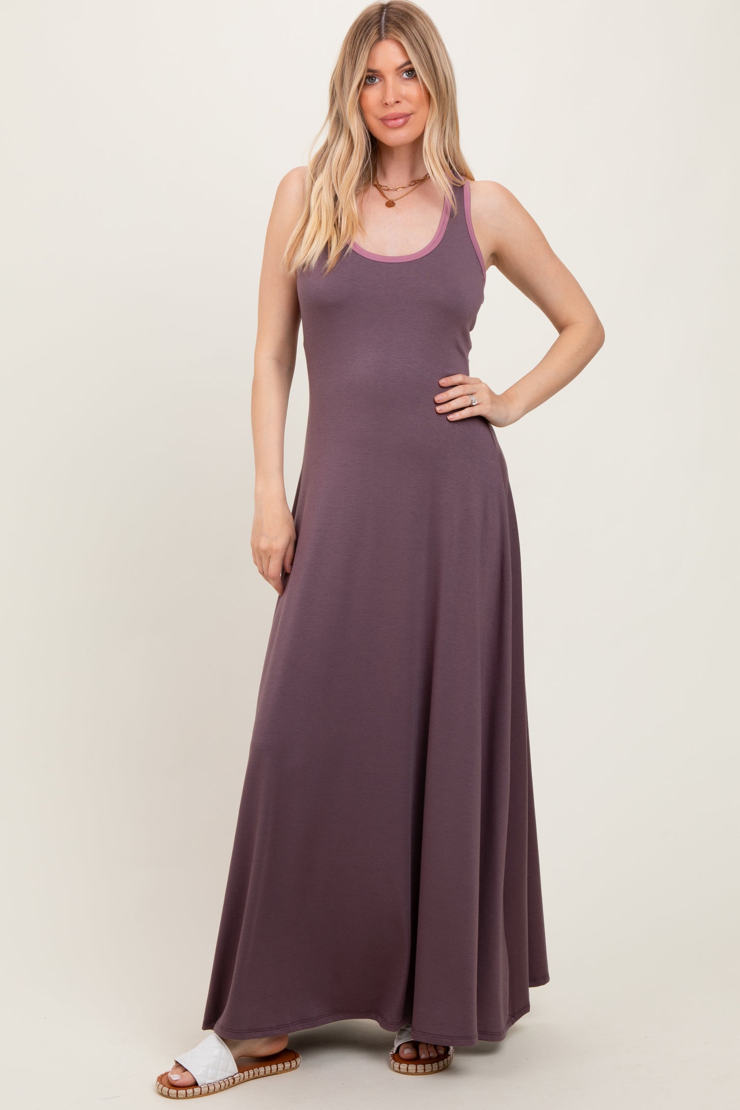 Purple Solid Open Back Sleeveless Maxi Dress