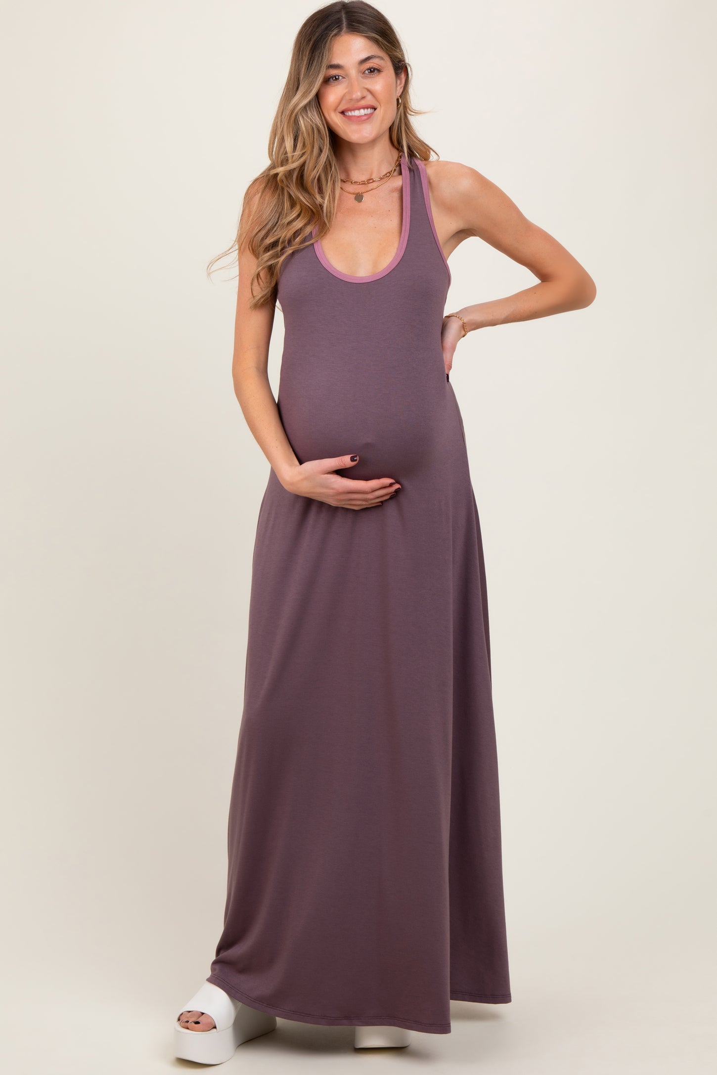 Purple Solid Open Back Sleeveless Maternity Maxi Dress