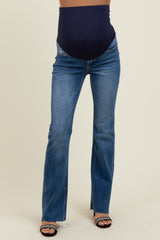 Navy Blue Distressed Raw Hem Maternity Bootcut Jeans