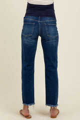 Navy Fringe Hem Cropped Straight Leg Maternity Jeans