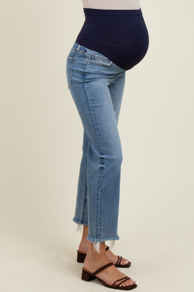 Light Blue Distressed Fringe Hem Cropped Straight Leg Maternity Jeans