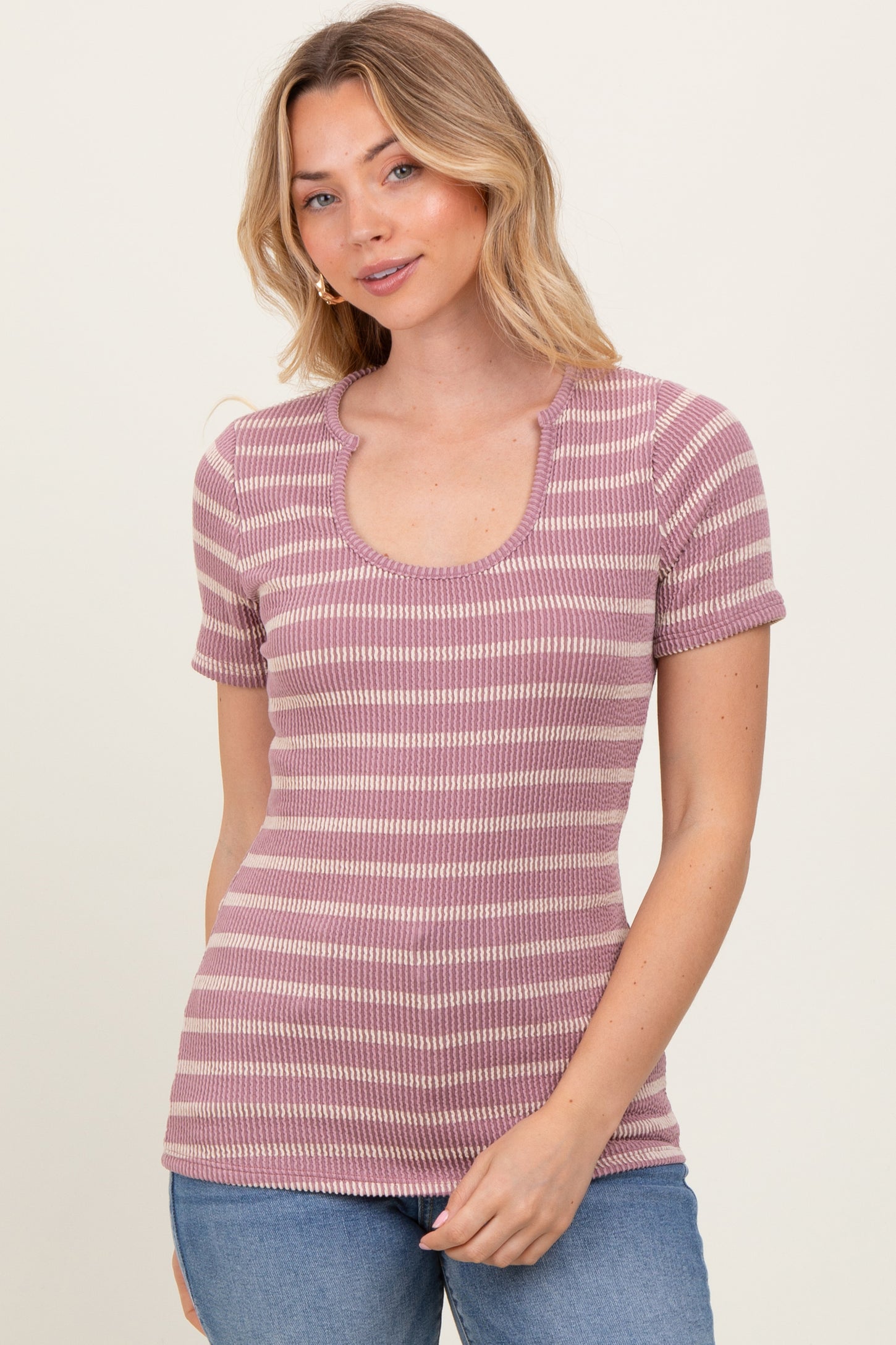 Lavender Cream Stripe Short Sleeve Round Neck Top