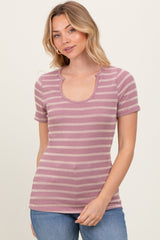Lavender Cream Stripe Short Sleeve Round Neck Maternity Top