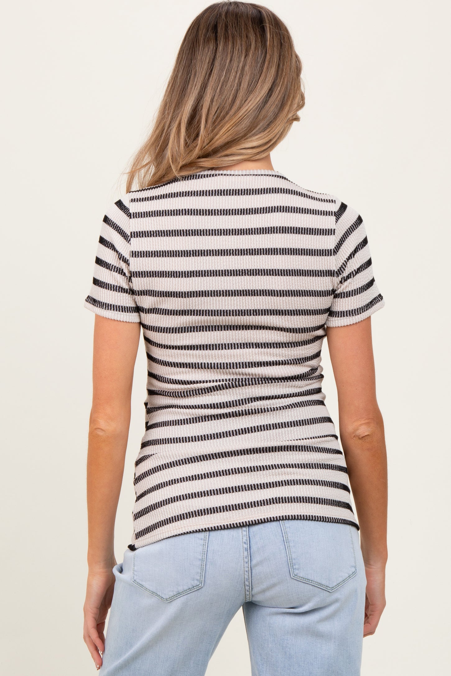 Beige Black Stripe Short Sleeve Round Neck Maternity Top