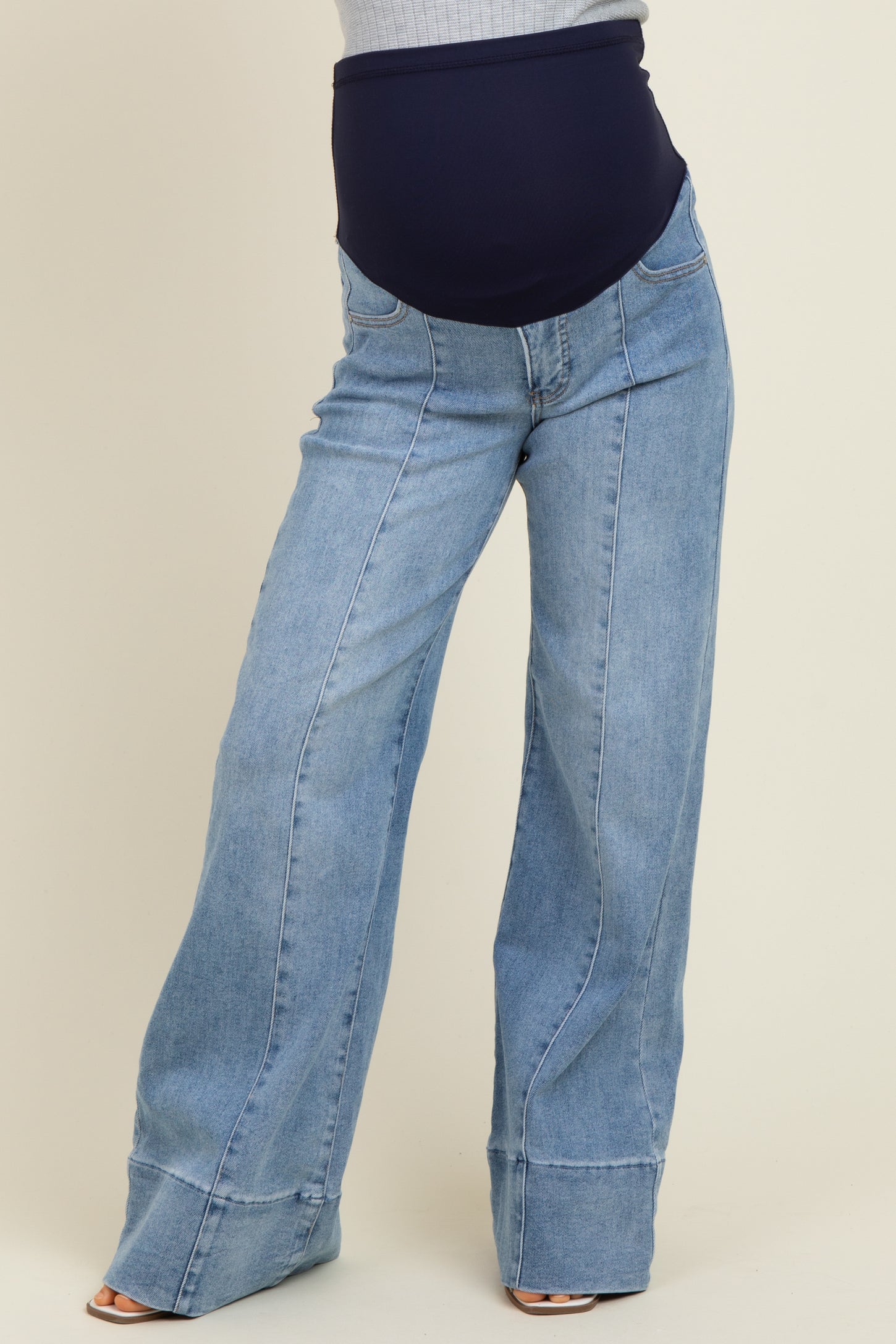 Blue Front Seam Wide Flare Leg Maternity Jeans